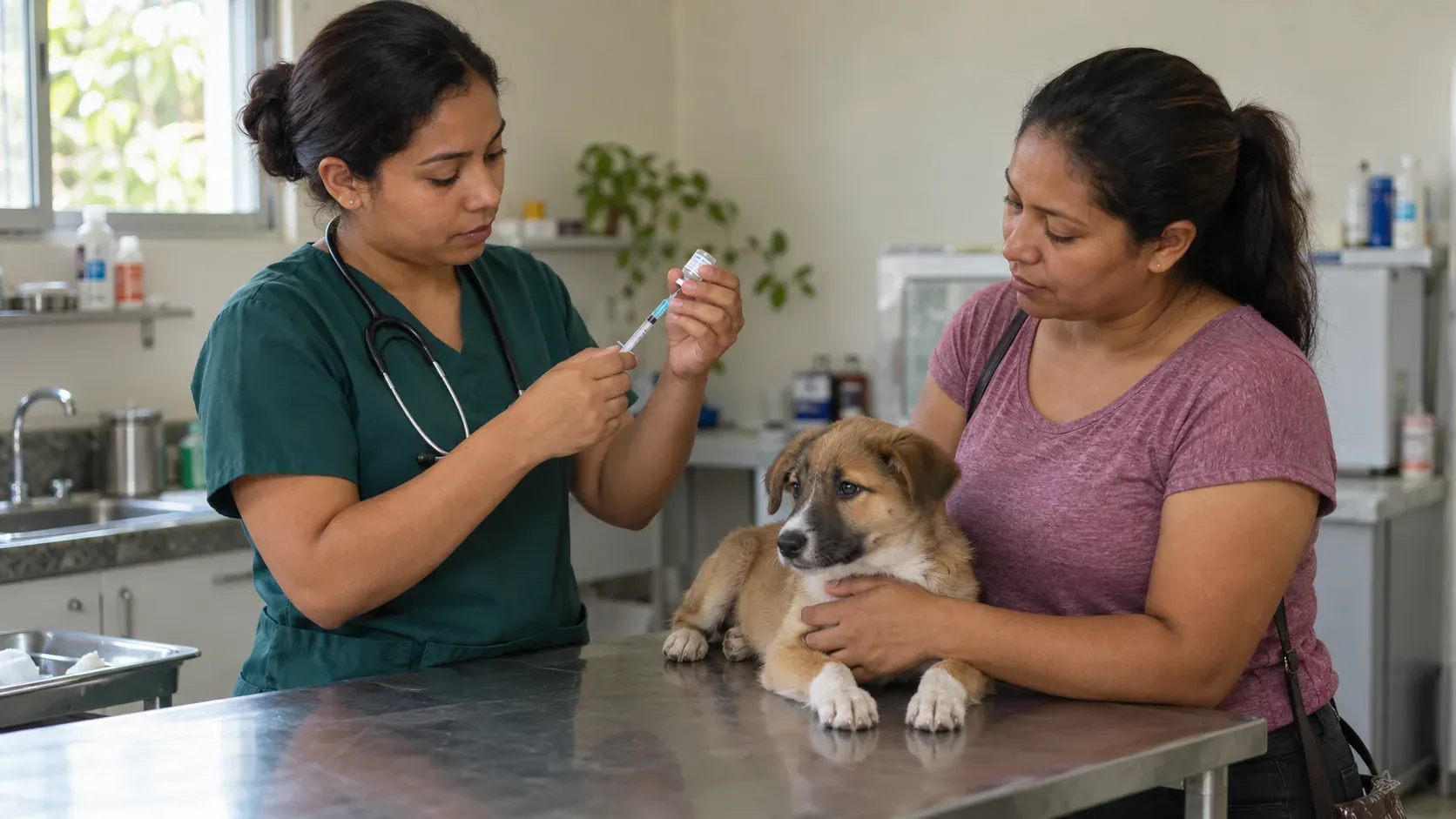 Vacunación de un cachorro en la clínica veterinaria La Paloma, Bonao