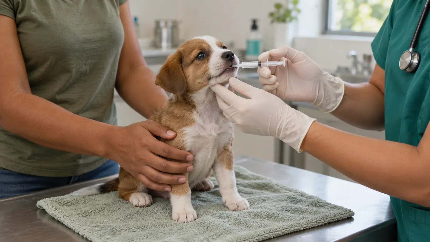 Cachorro recibiendo su desparasitante oral en la consulta