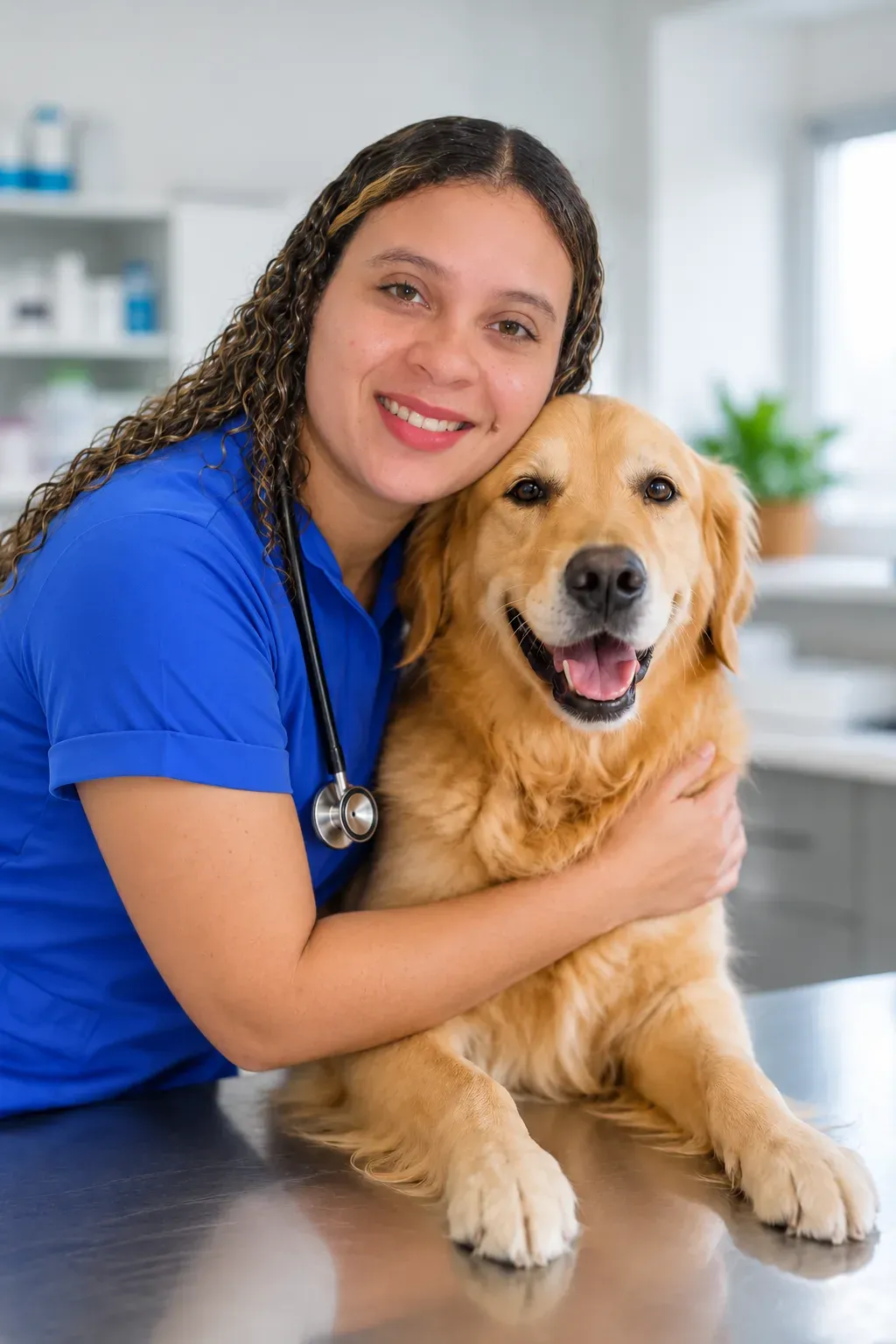 La Dra. Laura Cuevas García, médica veterinaria de La Paloma, abrazando a un perro en la clínica de Bonao