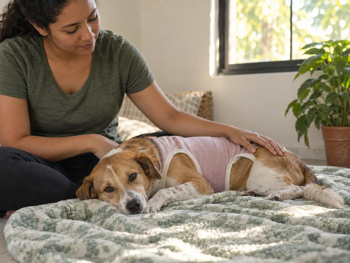 Perrita recuperándose en casa después de su esterilización en La Paloma, Bonao