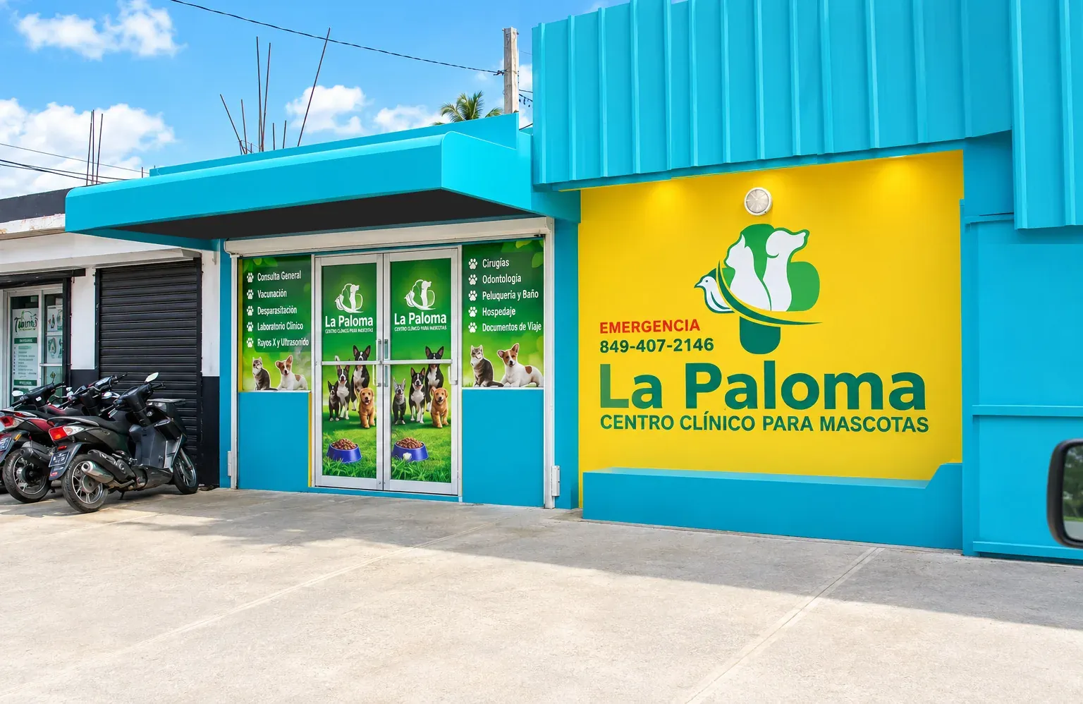 El local de La Paloma en la C/ Caracas esquina Restauración, Bonao, con su rótulo y el teléfono de urgencias