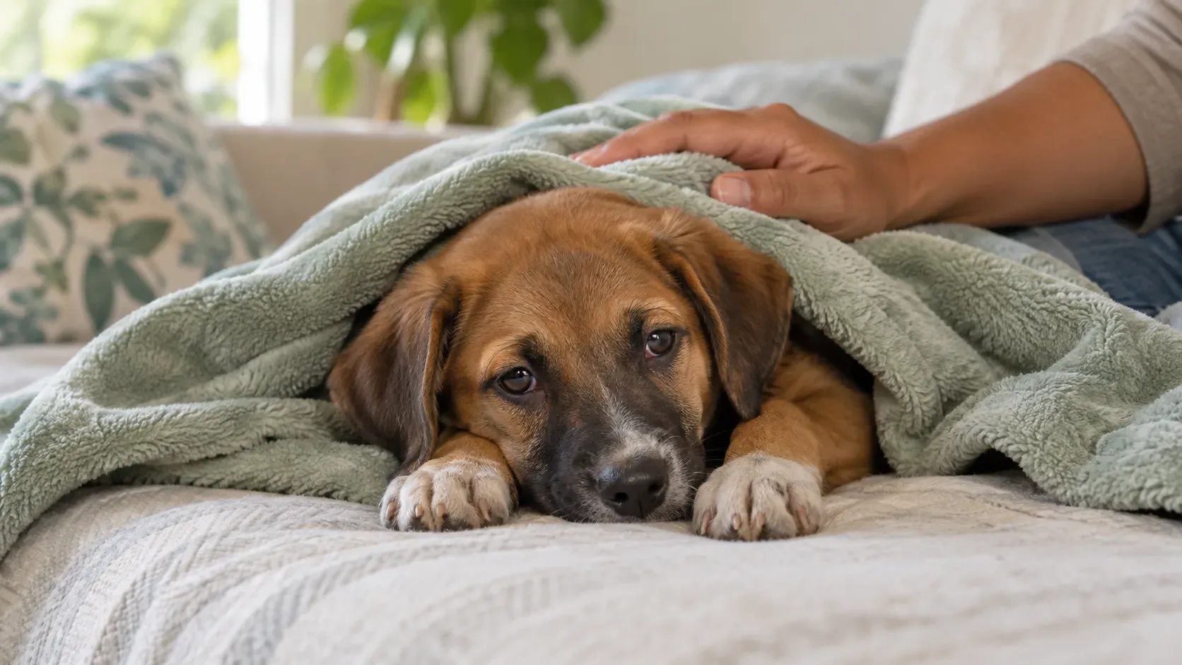 Cachorro decaído descansando bajo una manta, con los ojos llorosos