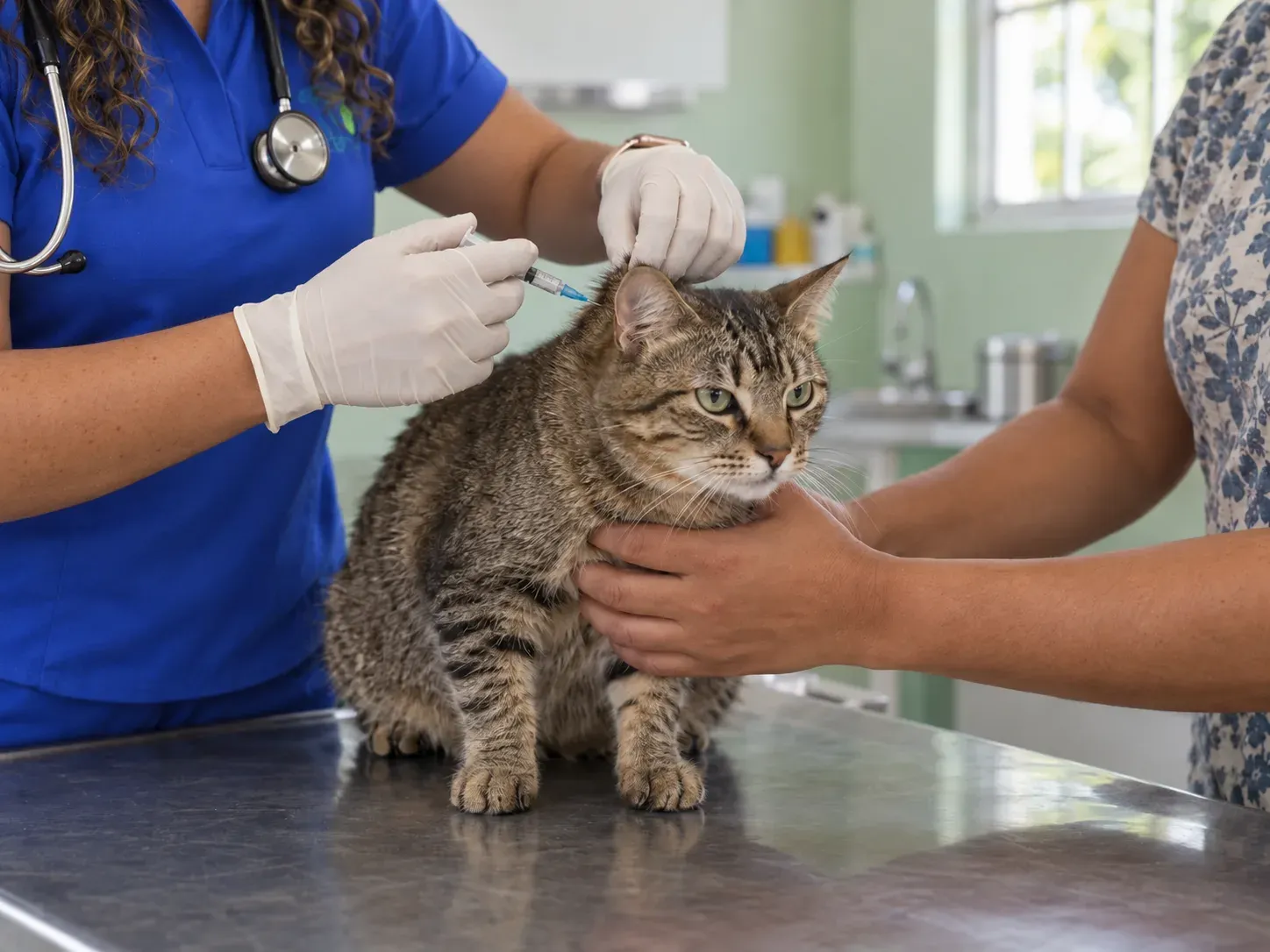 Vacunación de un gato en la consulta de La Paloma, Bonao